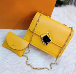 2 Pcs PU Leather Hand Bag With Long Golden Chain