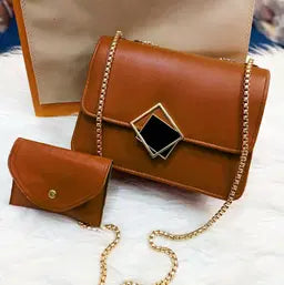 2 Pcs PU Leather Hand Bag With Long Golden Chain