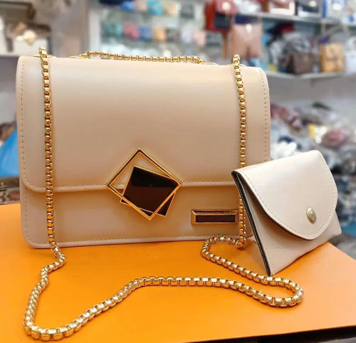 2 Pcs PU Leather Hand Bag With Long Golden Chain