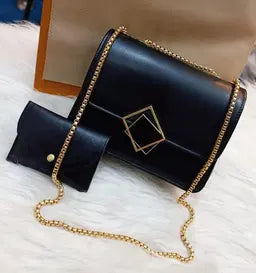2 Pcs PU Leather Hand Bag With Long Golden Chain