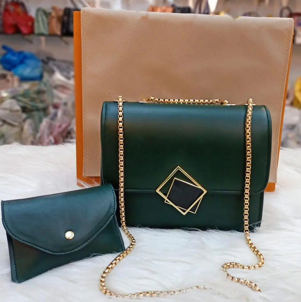 2 Pcs PU Leather Hand Bag With Long Golden Chain