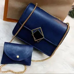 2 Pcs PU Leather Hand Bag With Long Golden Chain