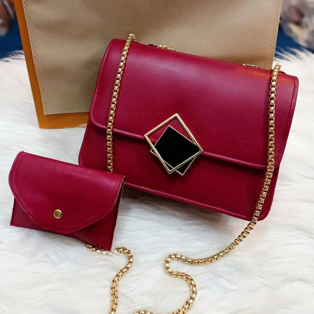 2 Pcs PU Leather Hand Bag With Long Golden Chain