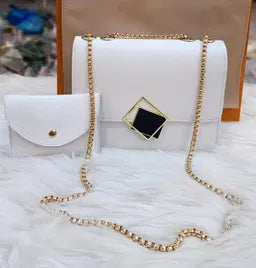 2 Pcs PU Leather Hand Bag With Long Golden Chain